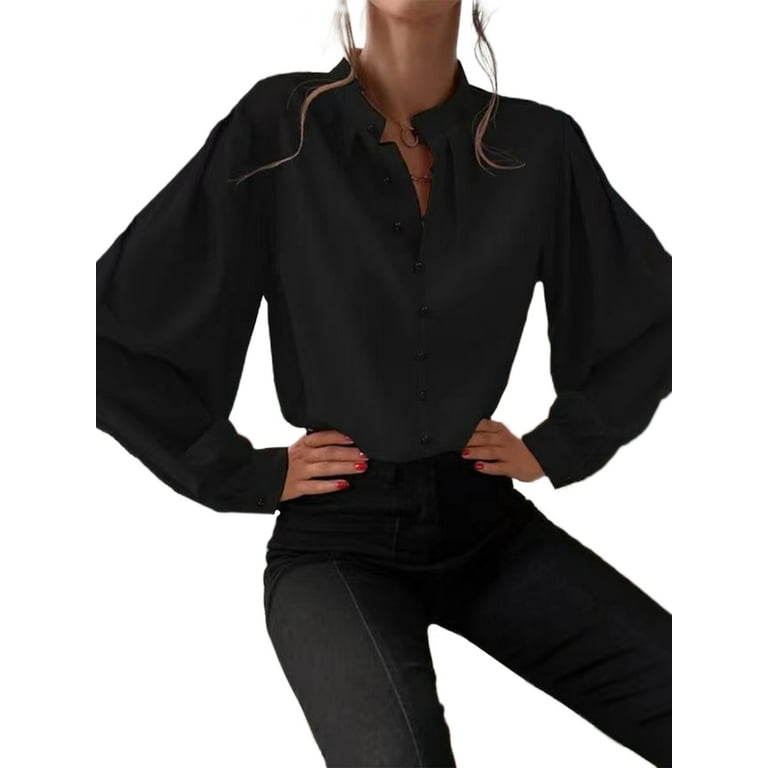 Frontwalk Women Elegant Lantern Sleeves Blouse Long Sleeve Plain Formal  Tops Button Down Casual Work Office Shirts Black L 
