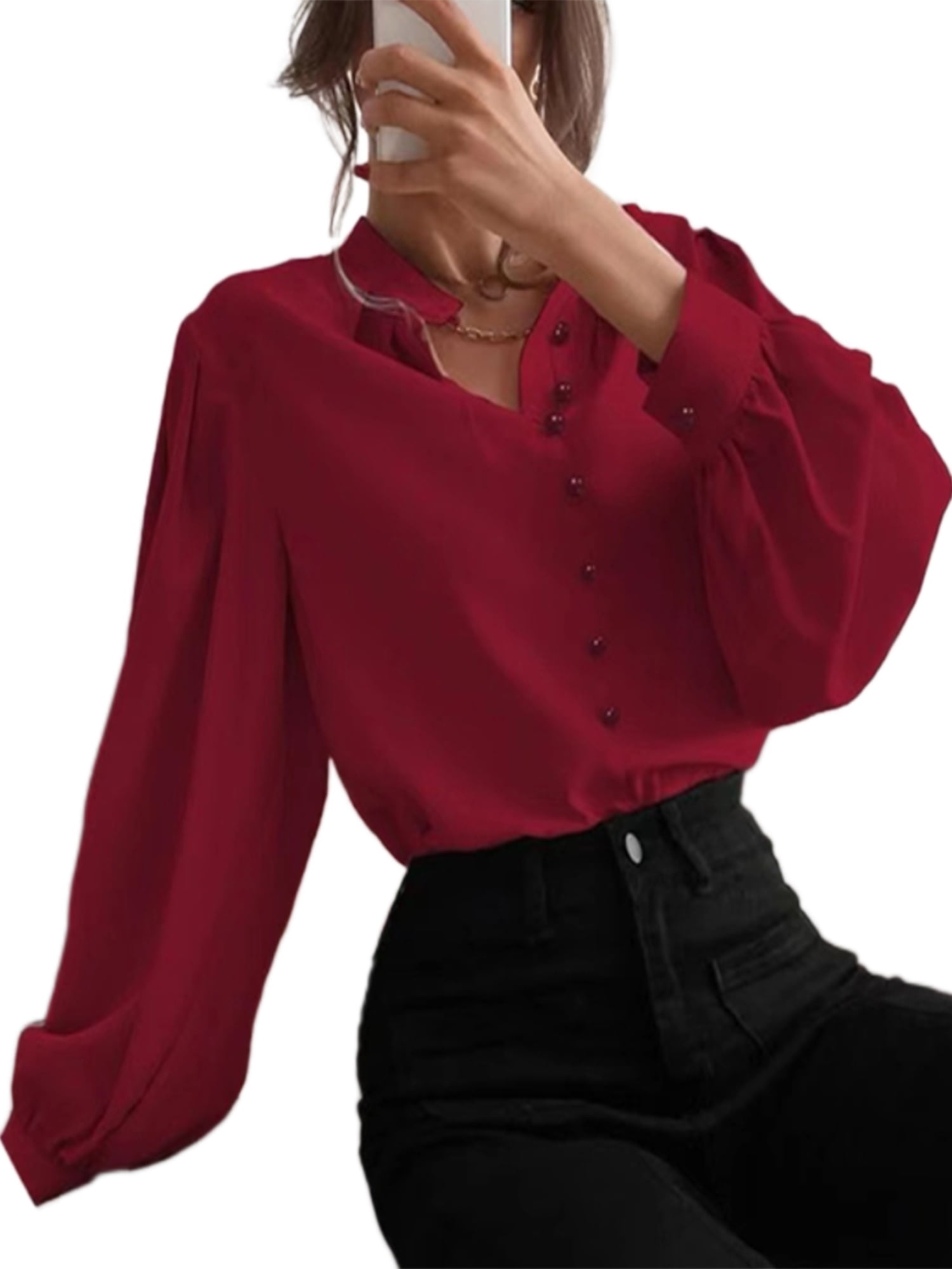 Frontwalk Women Elegant Lantern Sleeves Blouse Long Sleeve Plain Formal