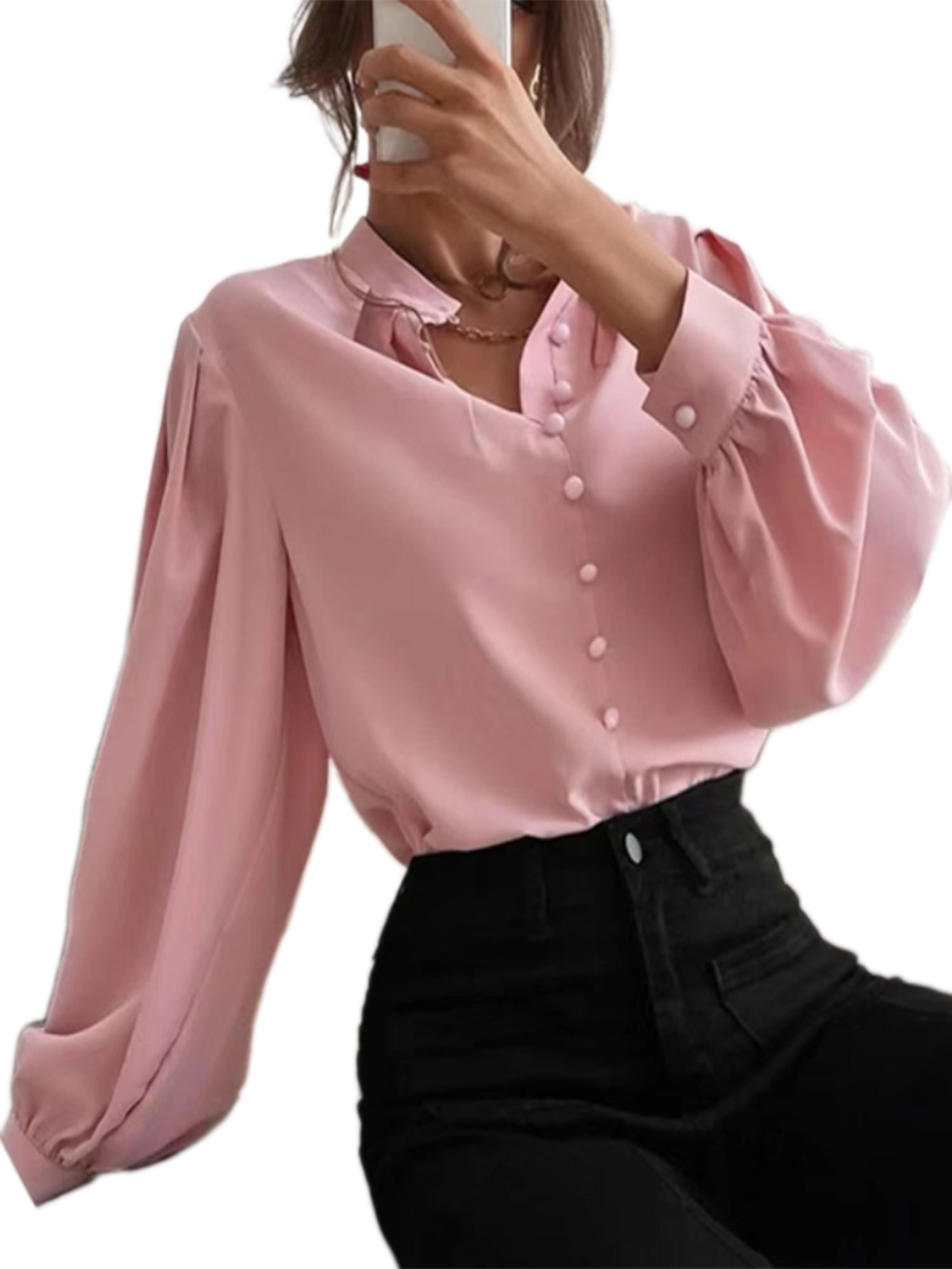 Frontwalk Women Elegant Lantern Sleeves Blouse Long Sleeve Plain