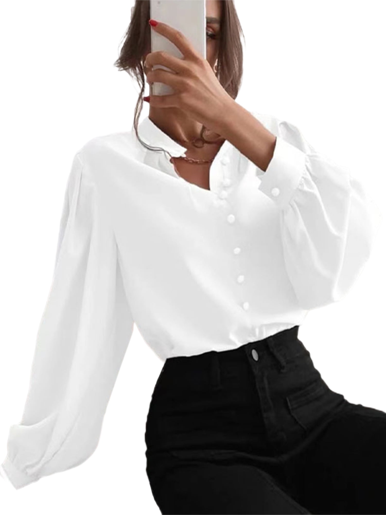 Women's Blouses Elegant Plain Top Stand Collar Fake Buttons Long Sleeve  White S 