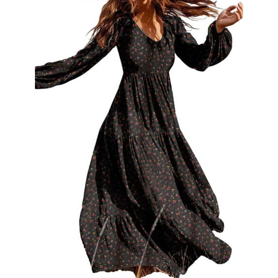 Frontwalk Women Evening Dress Long Sleeve Maxi Dresses Floral Printed Ladies Loose Wedding V Neck Black 2XL