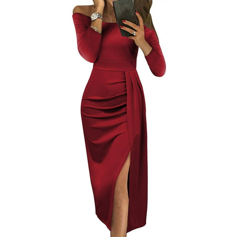Frontwalk Women Evening Gown Long Sleeve Maxi Dresses Off Shoulder Dress Holiday Sexy Solid Color Red M Walmart