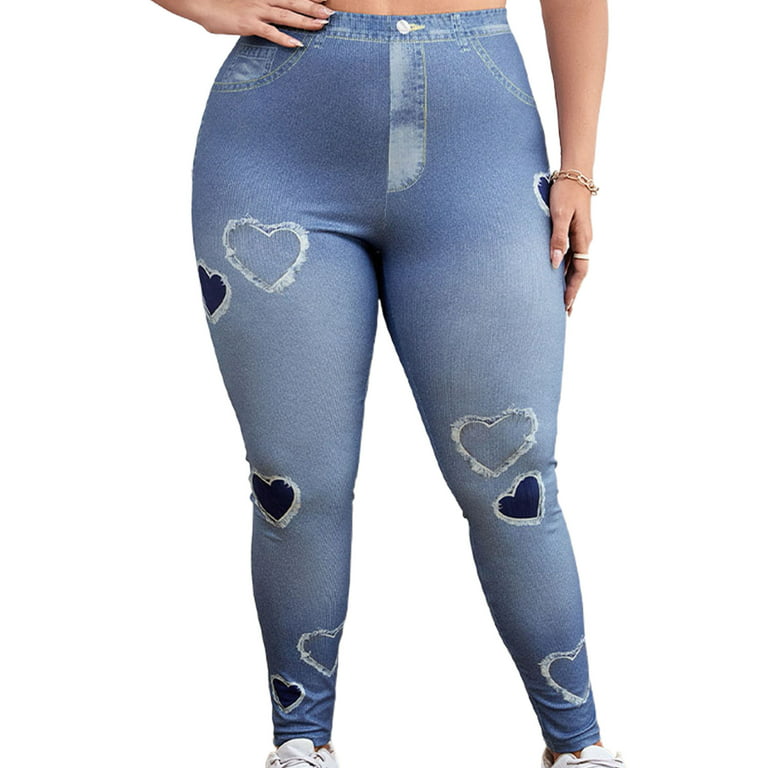 Frontwalk Women Fake Jean Pants Plus Size Pant Imitation Denim Trouser  Skinny Stretch Waist Jeggings Blue XL 