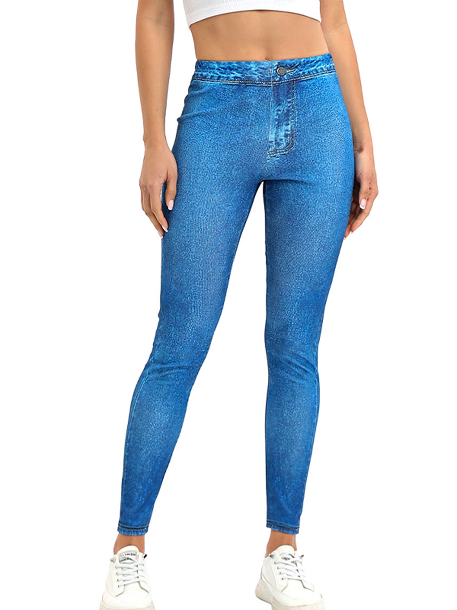 Frontwalk Jean Leggings for Women Printed Denim High Waisted Yoga Pants  Stretch Jean Look Jeggings Tights Blue-A M