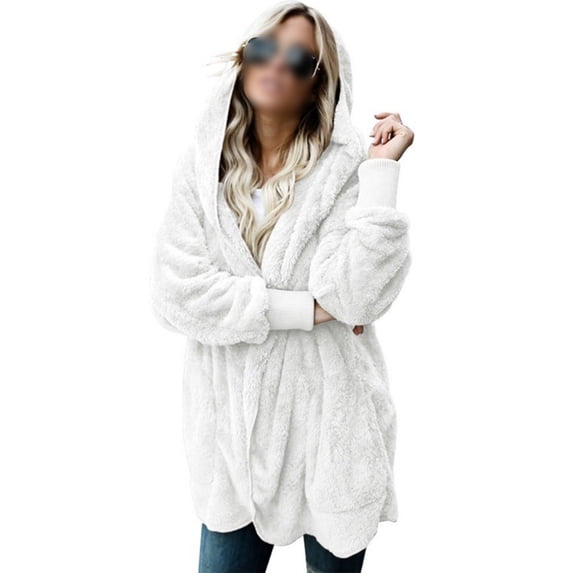 Frontwalk Women Fleece Hoodie Jacket Coats Loose Open Front Long Cardigan Outwear Winter Warm Overcoats with Pockets