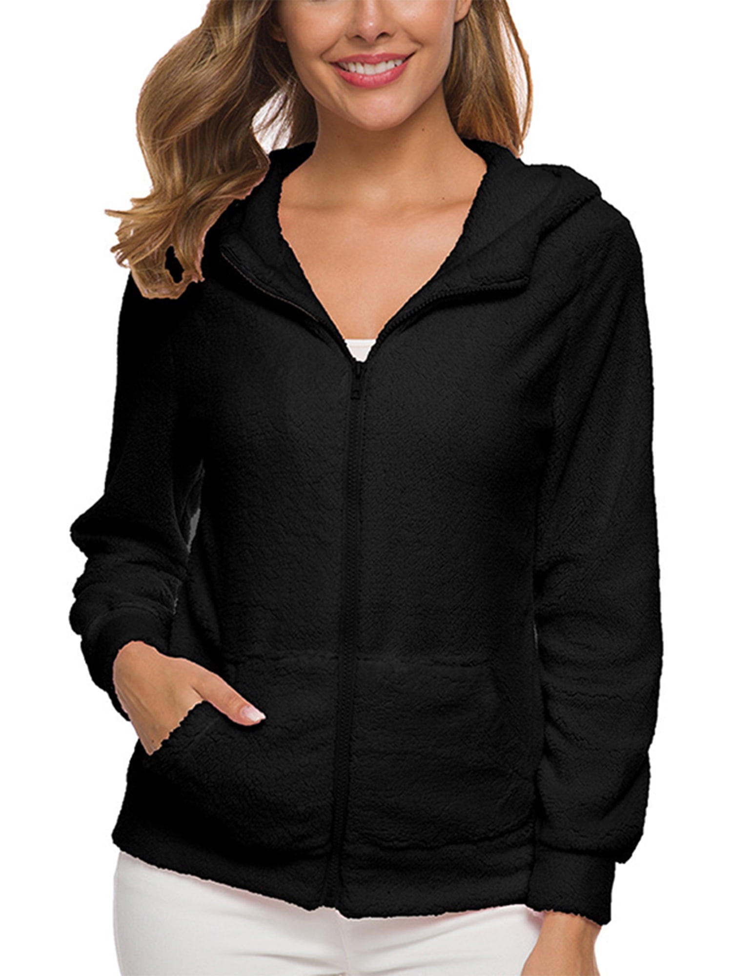 Frontwalk Women Front Zip Sherpa Hoodie Coat Casual Long Sleeve Fleece