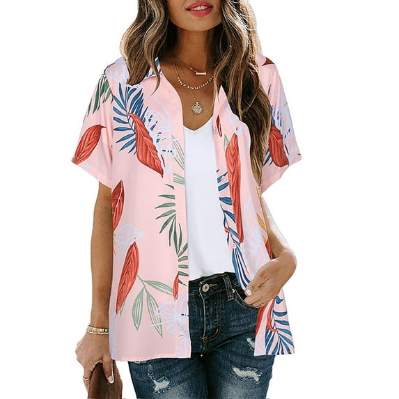 Frontwalk Women Hawaiian Style Shirts Summer Button Down Loose Floral Print Tops Beach Blouse Ladies Short Sleeve Business Tunic Shirt