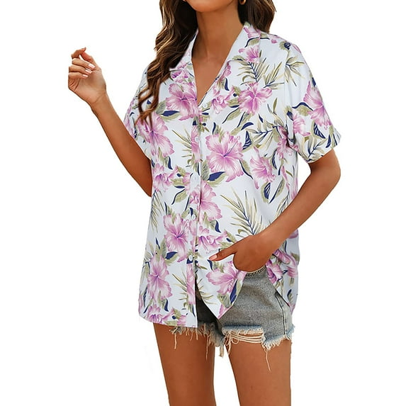 Frontwalk Women Hawaiian Style Shirts Summer Button Down Loose Floral Print Tops Beach Blouse Ladies Short Sleeve Business Tunic Shirt