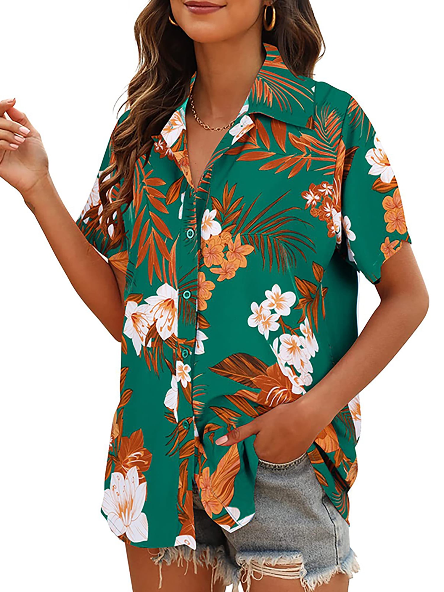 Frontwalk Women Hawaiian Style Shirts Summer Button Down Loose