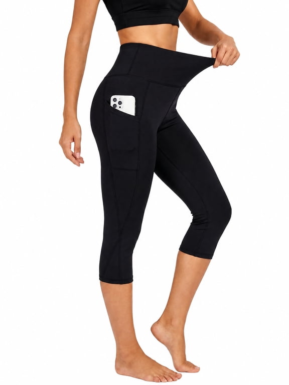 Womens Capris Leggings Yoga Pants High Waist Activewear Tummy Control Compression Workout Running Cropped Pants with Pockets