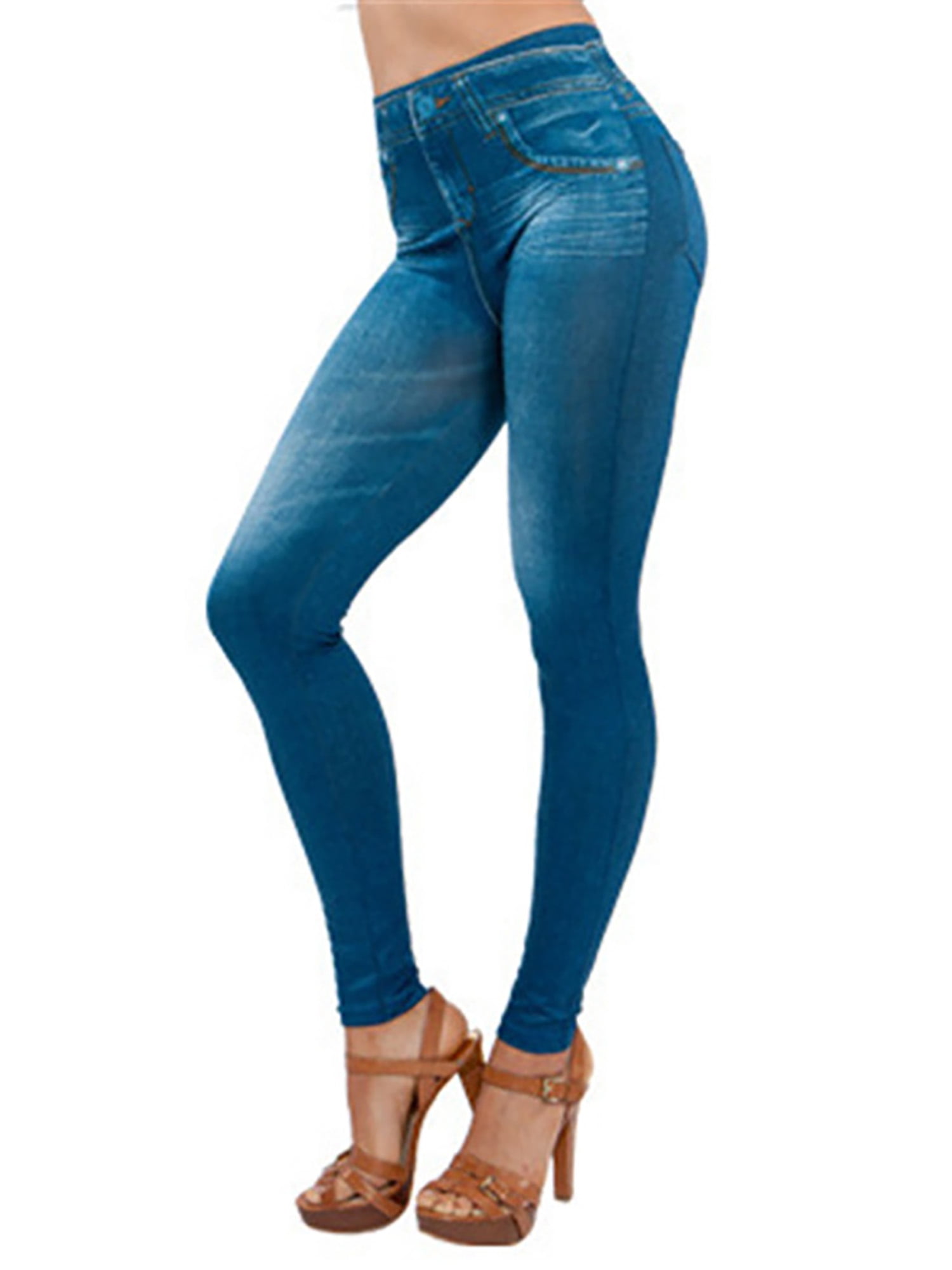 Frontwalk Women High Waist Imitation Denim Fake Jeans Elastic Waist  Leggings Trousers 