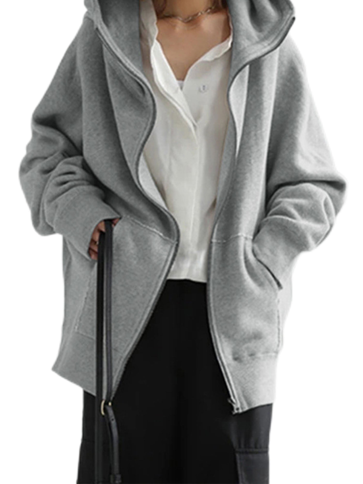 Frontwalk Women Hooded Casual Jackets Solid Color Loose Tunic Coats