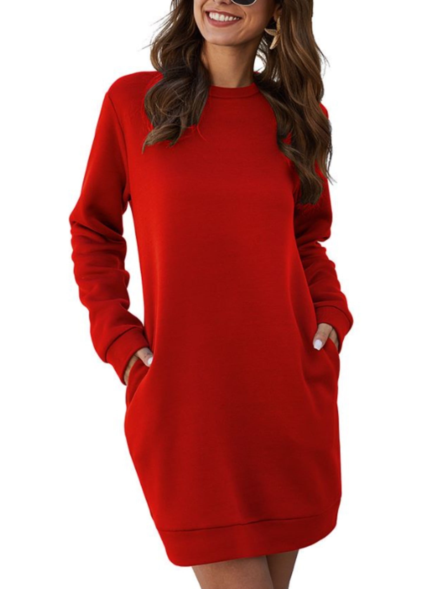 Frontwalk Women Hoodies Dresses Solid Color Sweatshirt Dress Long Sleeve Pullover Outwear Plain Crew Neck Red S Walmart