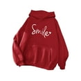 thumbnail image 1 of Frontwalk Women Hoodies Smile Sweatshirt Long Sleeve Hooded Tops Ladies Casual Pullover Letter Print Claret 3XL, 1 of 2