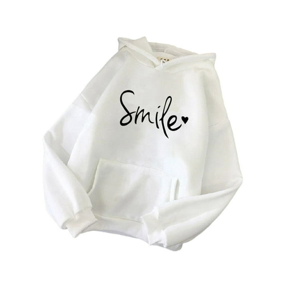 Frontwalk Women Hoodies Smile Sweatshirt Long Sleeve Hooded Tops Ladies Casual Pullover Letter Print White XL