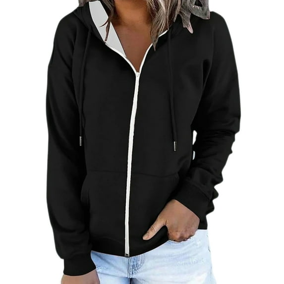 Frontwalk Women Hoodies Solid Color Hoodie Jackets Long Sleeve Hooded Sweatshirts Ladies Loose Fit Outwear Zip Up Jacket Black M