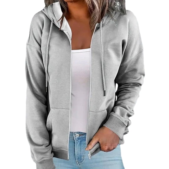 Frontwalk Women Hoodies Solid Color Hoodie Jackets Long Sleeve Hooded Sweatshirts Ladies Loose Fit Outwear Zip Up Jacket Gray S