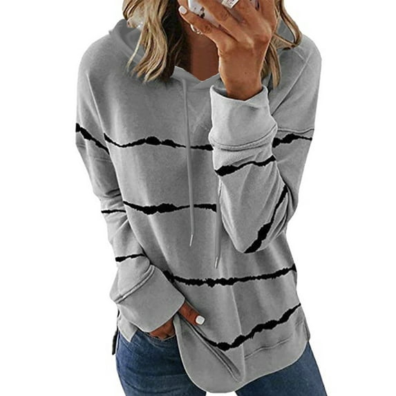 Frontwalk Women Hoodies Sweatshirts Striped Long Sleeve Drawstring Hooded Tops Blouses Fall Winter Casual Loose Pullover Sweatshirt Gray S