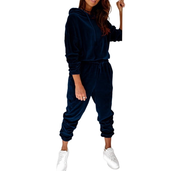 Frontwalk Women Jogger Set Drawstring Sweatsuits Long Sleeve Two Piece Outfit Ladies Casual Hoodi Sweatsuit Hoodies Tracksuit Sets Navy Blue M