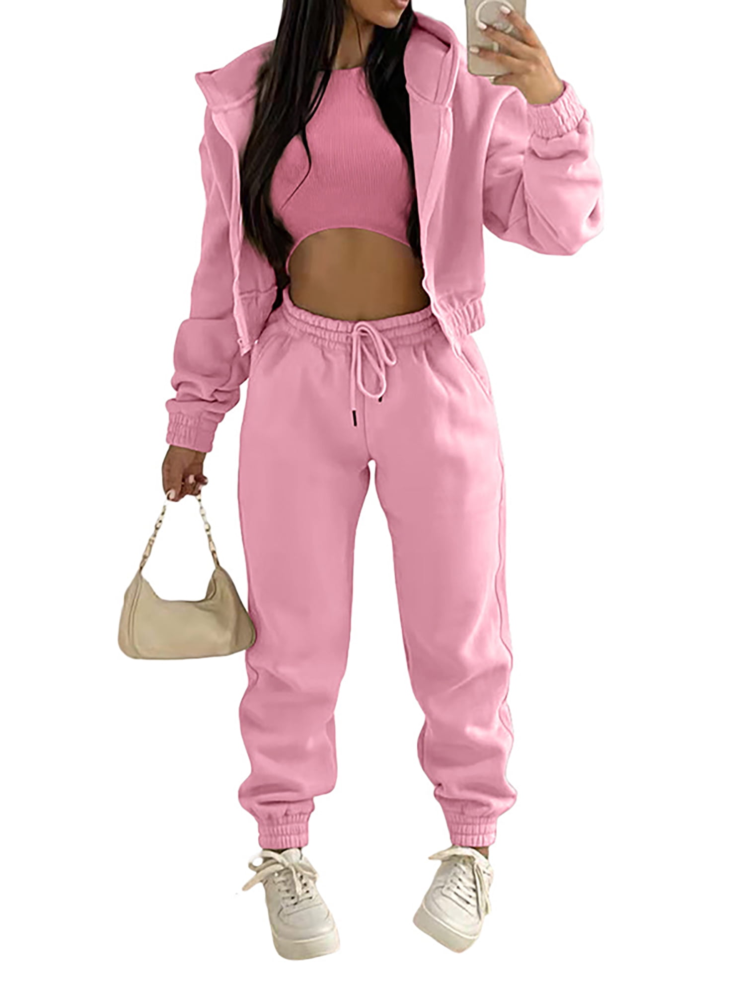 Frontwalk Women Jogger Set Solid Color 3 Pieces Outfit Hoodies