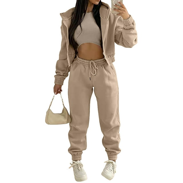 Frontwalk Women Jogger Set Solid Color 3 Pieces Outfit Hoodies