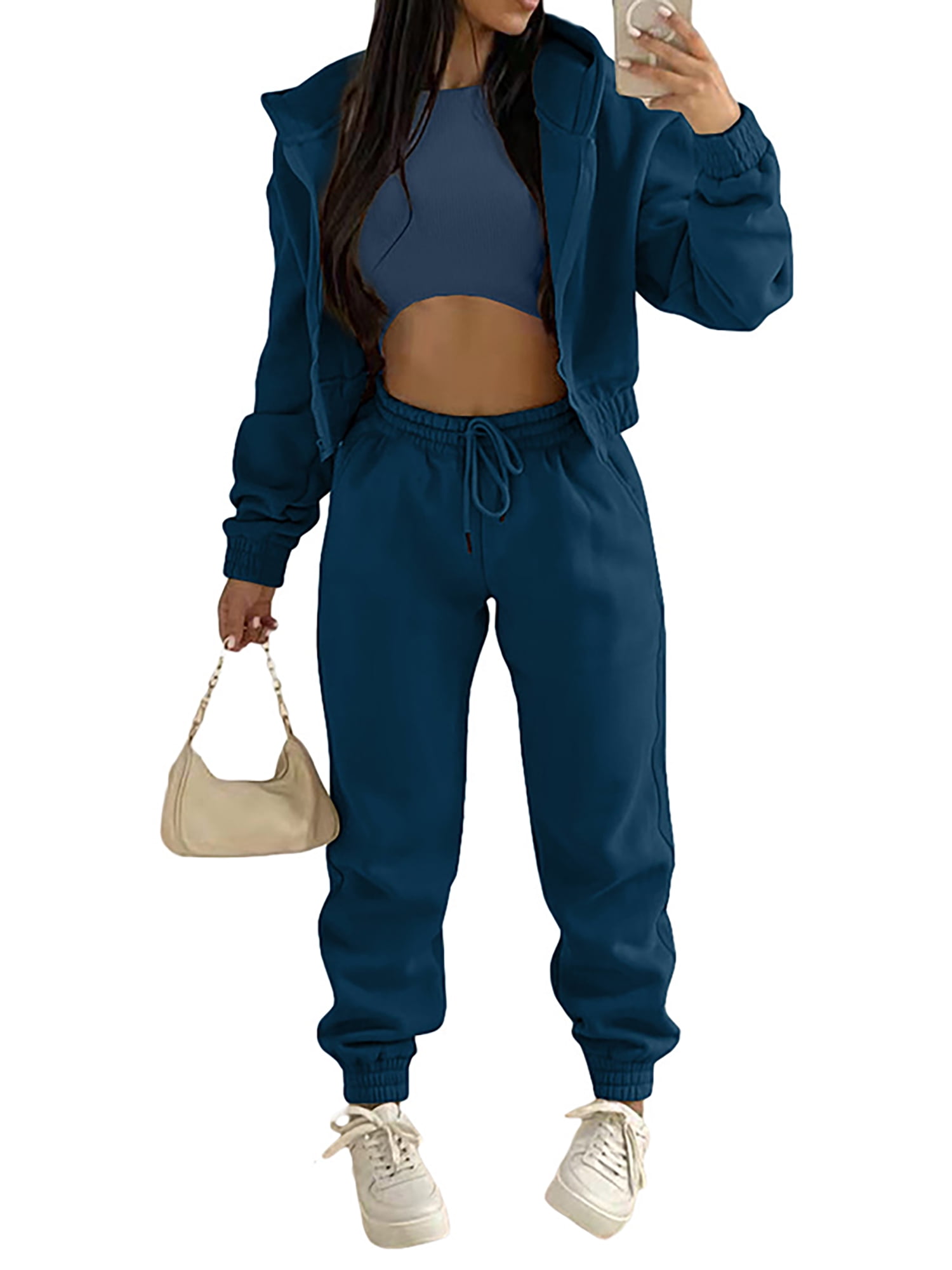 Frontwalk Women Jogger Set Solid Color 3 Pieces Outfit Hoodies