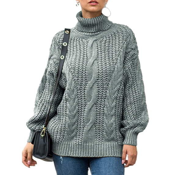 Frontwalk Women Jumper Tops Winter Warm Knitted Sweaters Long Sleeve Sweater Ladies Knitwear Pullover Turtleneck Grey XL