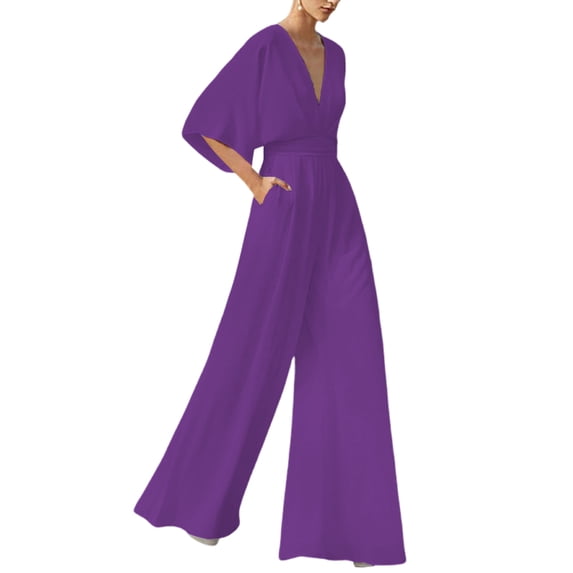 Frontwalk Women Jumpsuits Bohemian Romper Wide Leg Long Pants Ladies Loose Harem Pant Stretchy Trousers Purple S