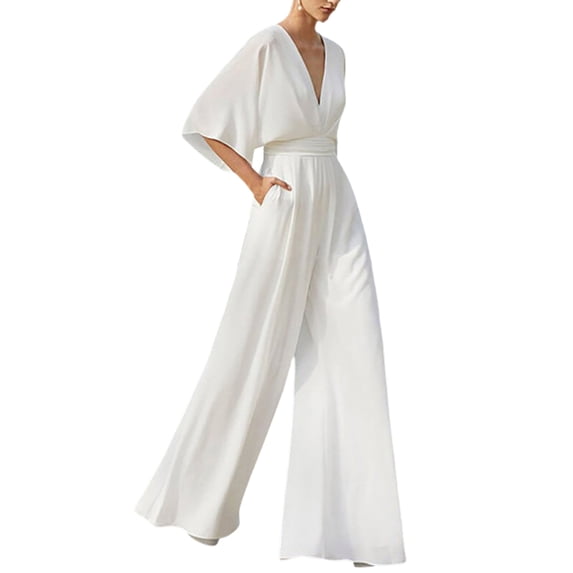 Frontwalk Women Jumpsuits Bohemian Romper Wide Leg Long Pants Ladies Loose Harem Pant Stretchy Trousers White XS
