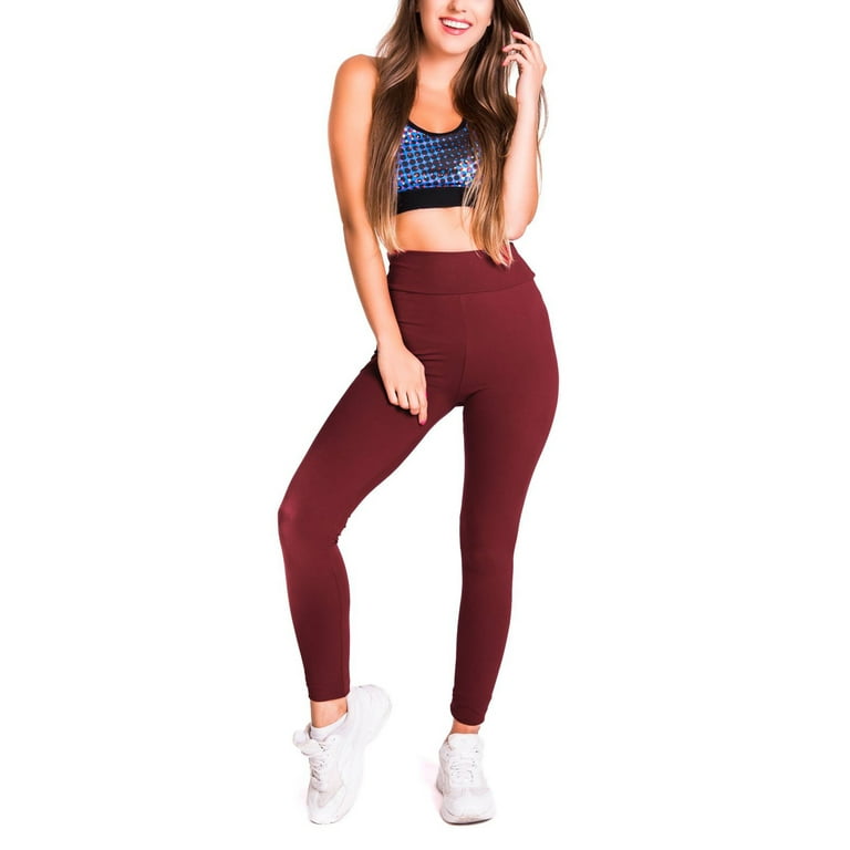 Frontwalk Women Leggings Elastic Waisted Bottoms Solid Color Yoga Pants  Workout Slim Fit Tights High Waist Trousers Wine Red L 