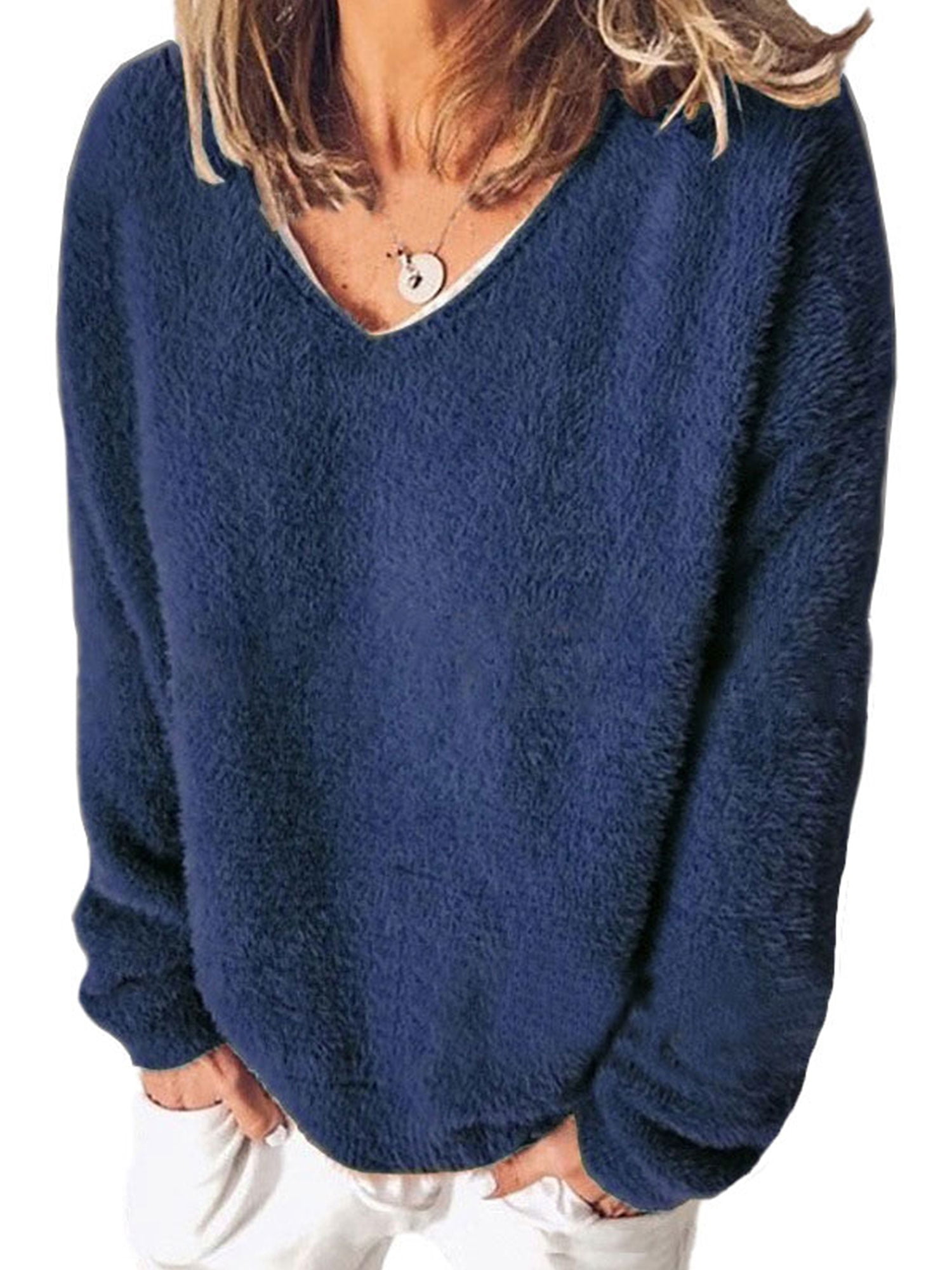 Frontwalk Women Leisure Solid Color Sweatshirt Long Sleeve Cozy Jumpers Ladies Fuzzy Fleece Work T shirt Navy Blue XXL