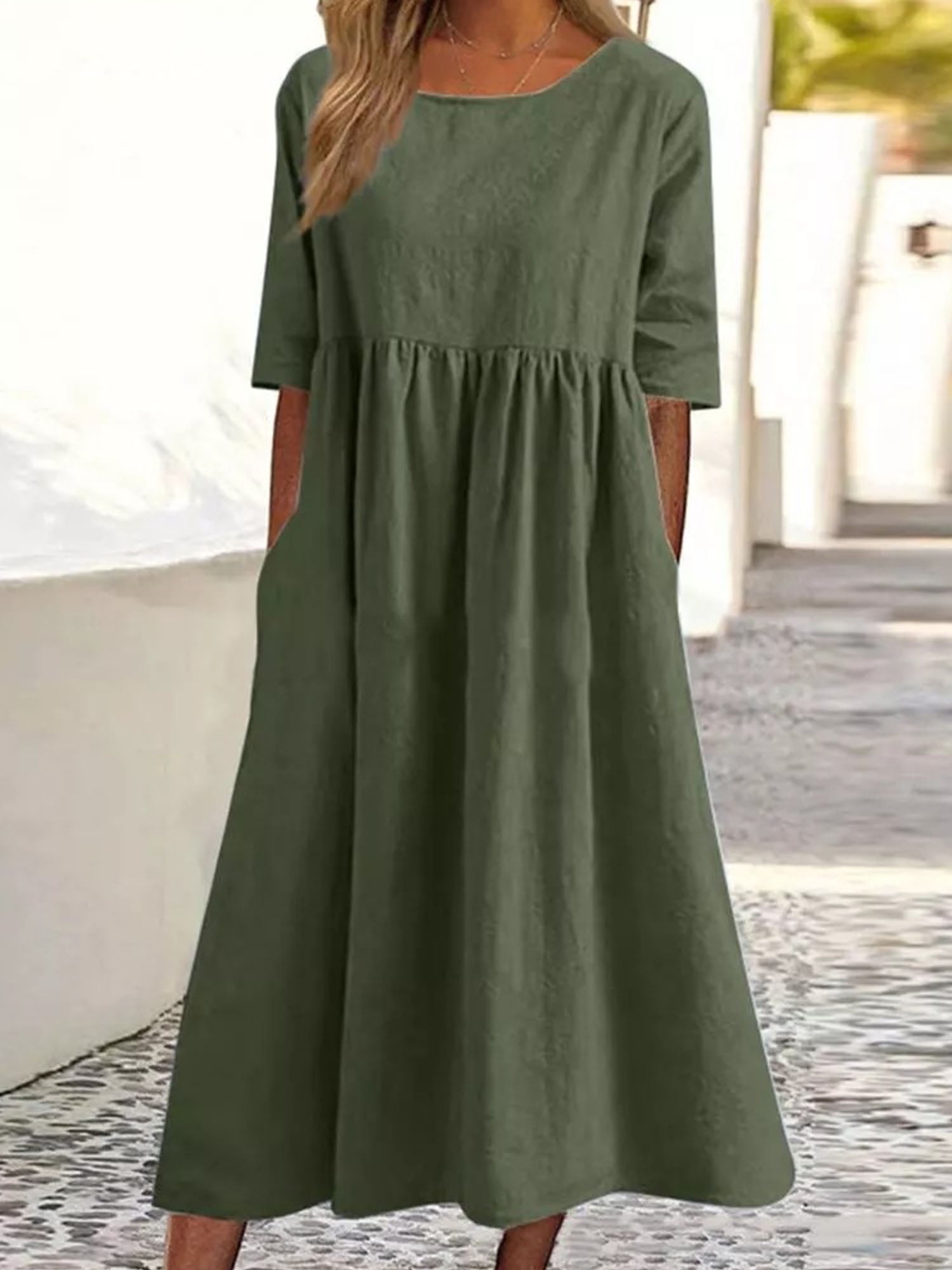 Frontwalk Women Linen Maxi Dresses Half Sleeve Casual Loose Pleated ...