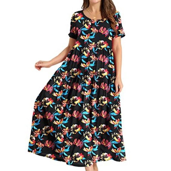 Frontwalk Women Long Dress Crew Neck Sundress Floral Printed Maxi Dresses Summer Tunic Short Sleeve Picture color 16 3XL