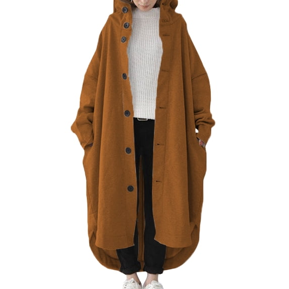 Frontwalk Women Long Maxi Cardigan Trench Coat Button Down Loose Overcoats Hooded Winter Warm Jacket Coffee S