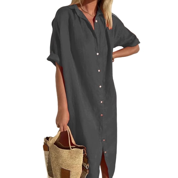 Frontwalk Women Long Maxi Dresses Button Down Shirt Dress Short Sleeve Ladies Split Lapel Dark Gray S