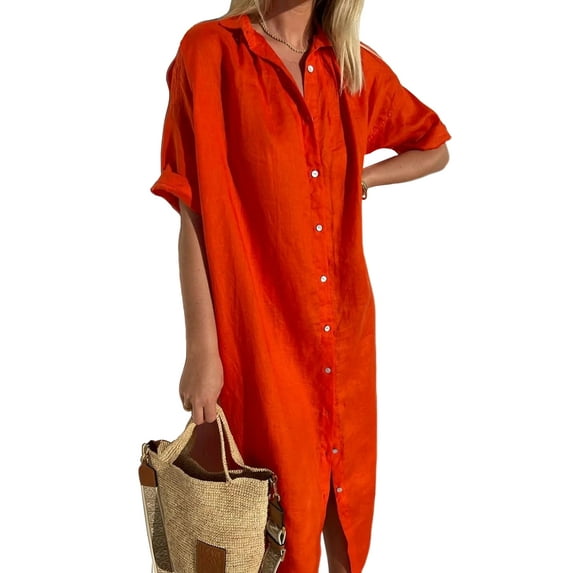 Frontwalk Women Long Maxi Dresses Button Down Shirt Dress Short Sleeve Ladies Split Lapel Red XS