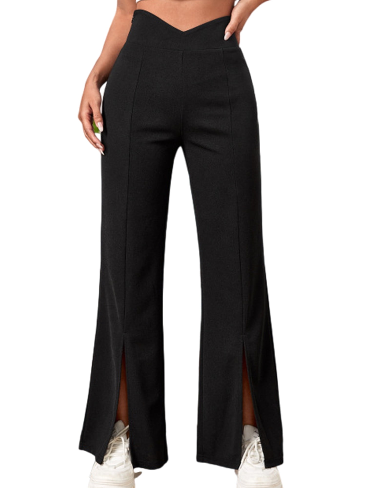 Frontwalk Women Long Pant Slit Hem Bell Bottoms Solid Color Flare Pants