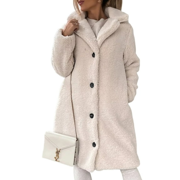 Frontwalk Women Long Sleeve Sherpa Jacket Winter Warm Outwear Ladies Lapel Travel Fleece Fuzzy Coat Apricot XL