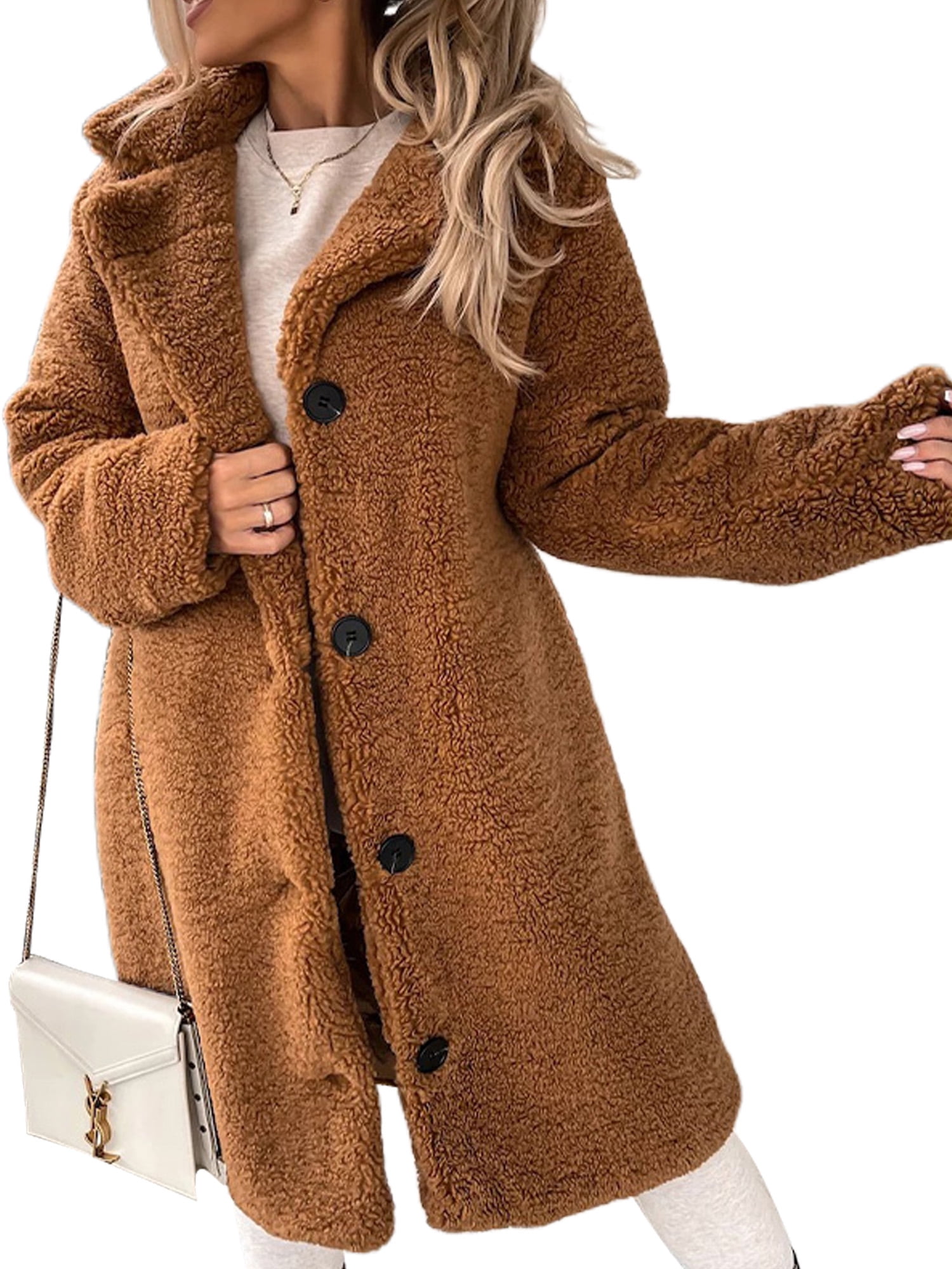 Frontwalk Women Long Sleeve Sherpa Jacket Winter Warm Outwear Ladies Lapel  Travel Fleece Fuzzy Coat Brown S