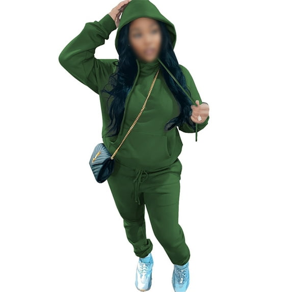 Frontwalk Women Long Sleeve Tracksuit Hooded Neck Casual Jogging Suits Solid Color Pullover Autumn Winter Sweatshirts And Sweatpants Green 3XL