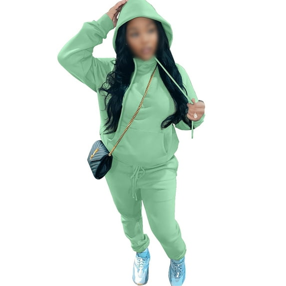 Frontwalk Women Long Sleeve Tracksuit Hooded Neck Casual Jogging Suits Solid Color Pullover Autumn Winter Sweatshirts And Sweatpants Mint Green L