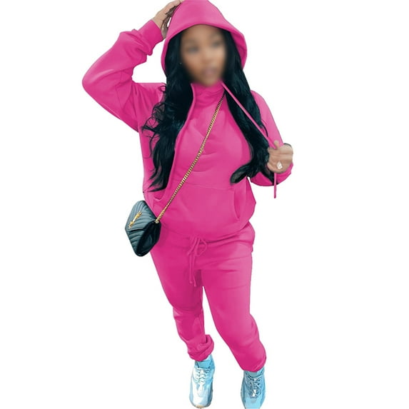 Frontwalk Women Long Sleeve Tracksuit Hooded Neck Casual Jogging Suits Solid Color Pullover Autumn Winter Sweatshirts And Sweatpants Rose Red 3XL