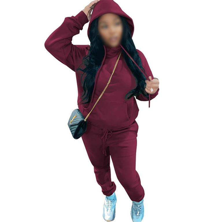 Frontwalk Women Long Sleeve Tracksuit Hooded Neck Casual Jogging Suits  Solid Color Pullover Autumn Winter Sweatshirts And Sweatpants Wine Red S