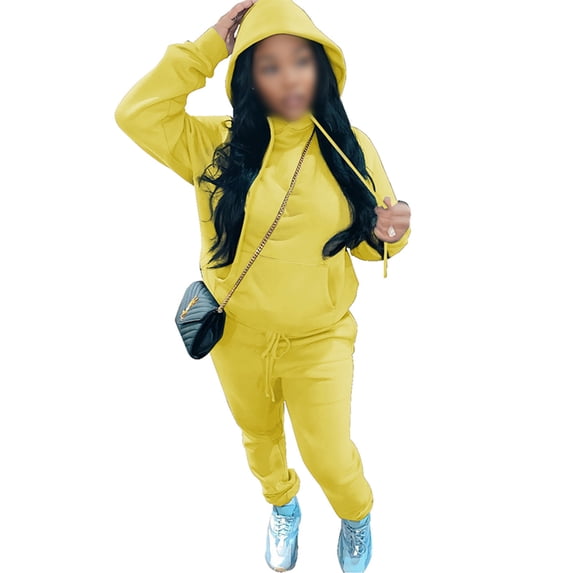 Frontwalk Women Long Sleeve Tracksuit Hooded Neck Casual Jogging Suits Solid Color Pullover Autumn Winter Sweatshirts And Sweatpants Yellow L