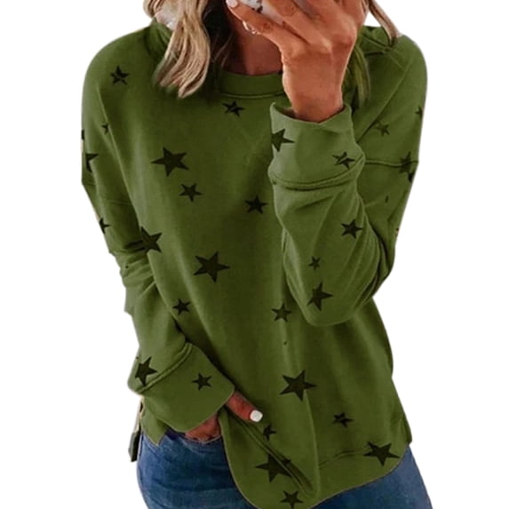 Frontwalk Women Loose Side Slit Tunic Blouse Baggy Sweatshirt Tops Stars Print Work T Shirt Green L