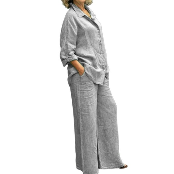 Frontwalk Women Lounge Sets Lapel Neck 2 Piece Outfits Elastic Waist Casual Suits Ladies Shirt And Palazzo Pant Wide Leg Pants Set Long Sleeve Light Gray M