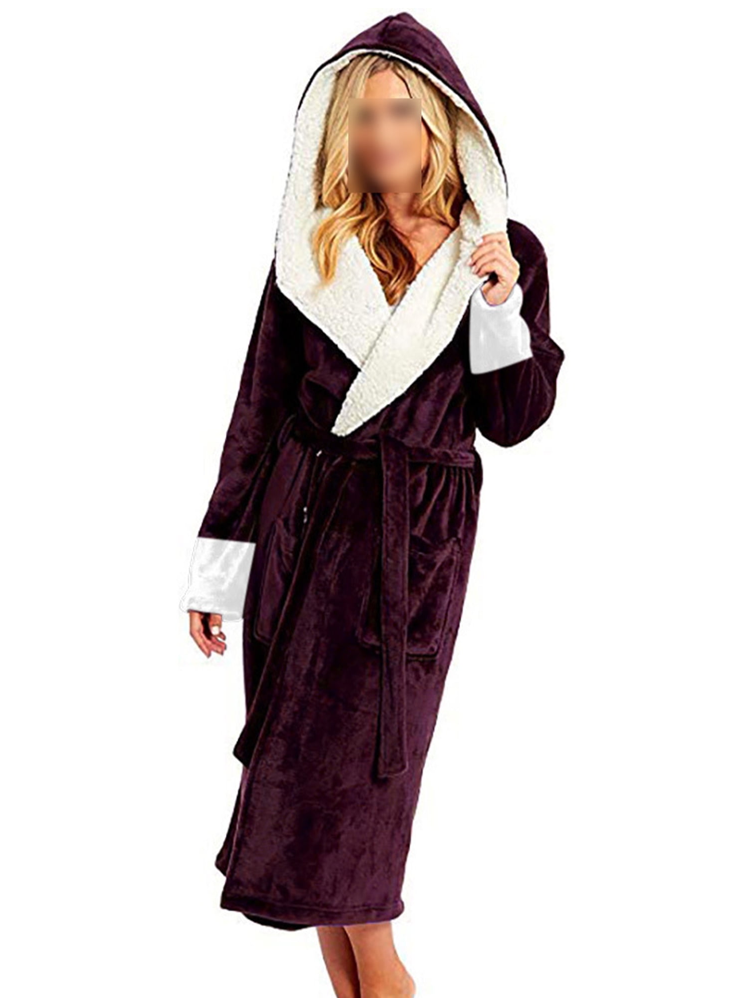 Frontwalk Women Loungewear Fuzzy Plush Bathrobe Hooded Sleepwear Solid ...