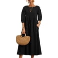 thumbnail image 1 of Frontwalk Women Maxi Dresses Solid Color Summer Beach Sundress Crew Neck Long Dress Party Ruched 3/4 Sleeve Black XL, 1 of 3