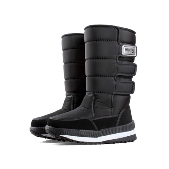 Frontwalk Women Men Winter Boot Plush Lined Snow Boots Faux Fur Warm Shoes Outdoor Magic Tape Womens Mens Mid Calf Female Black 9 Women/7.5 Men