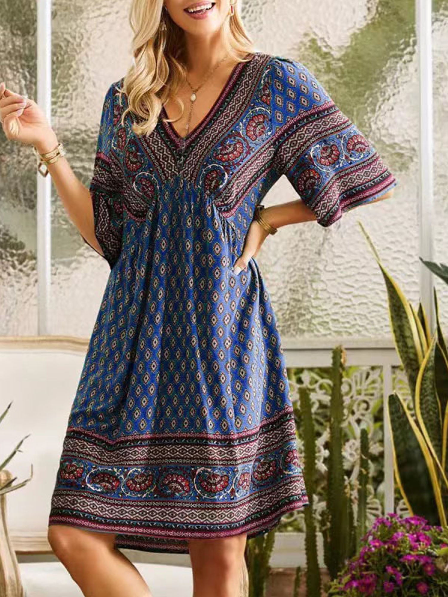 Frontwalk Women Midi Dress Short Sleeve Dresses Ladies Summer V Neck ...